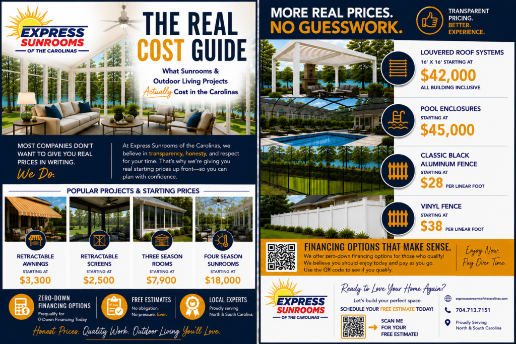 check out our REAL pricing guide for sunroom, screen porch, and enclosure costs.