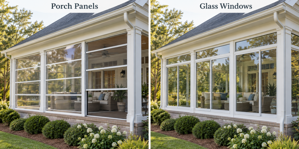 Clear vinyl porch panels and glass windows shown in two porch enclosures