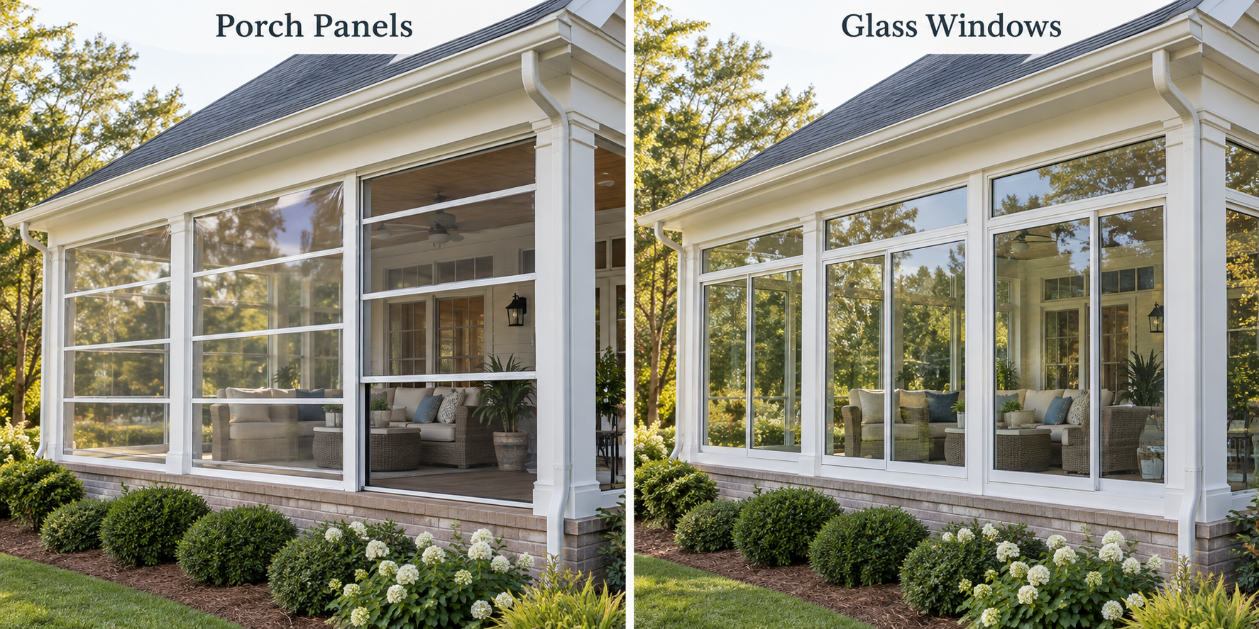 Clear vinyl porch panels and glass windows shown in two porch enclosures