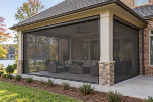 Motorized Retractable Screens for a Covered Patio - Express Sunrooms of the Carolinas - Express Sunrooms of the Carolinas Motorized retractable screens enclosing a covered patio with outdoor seating and a lake view