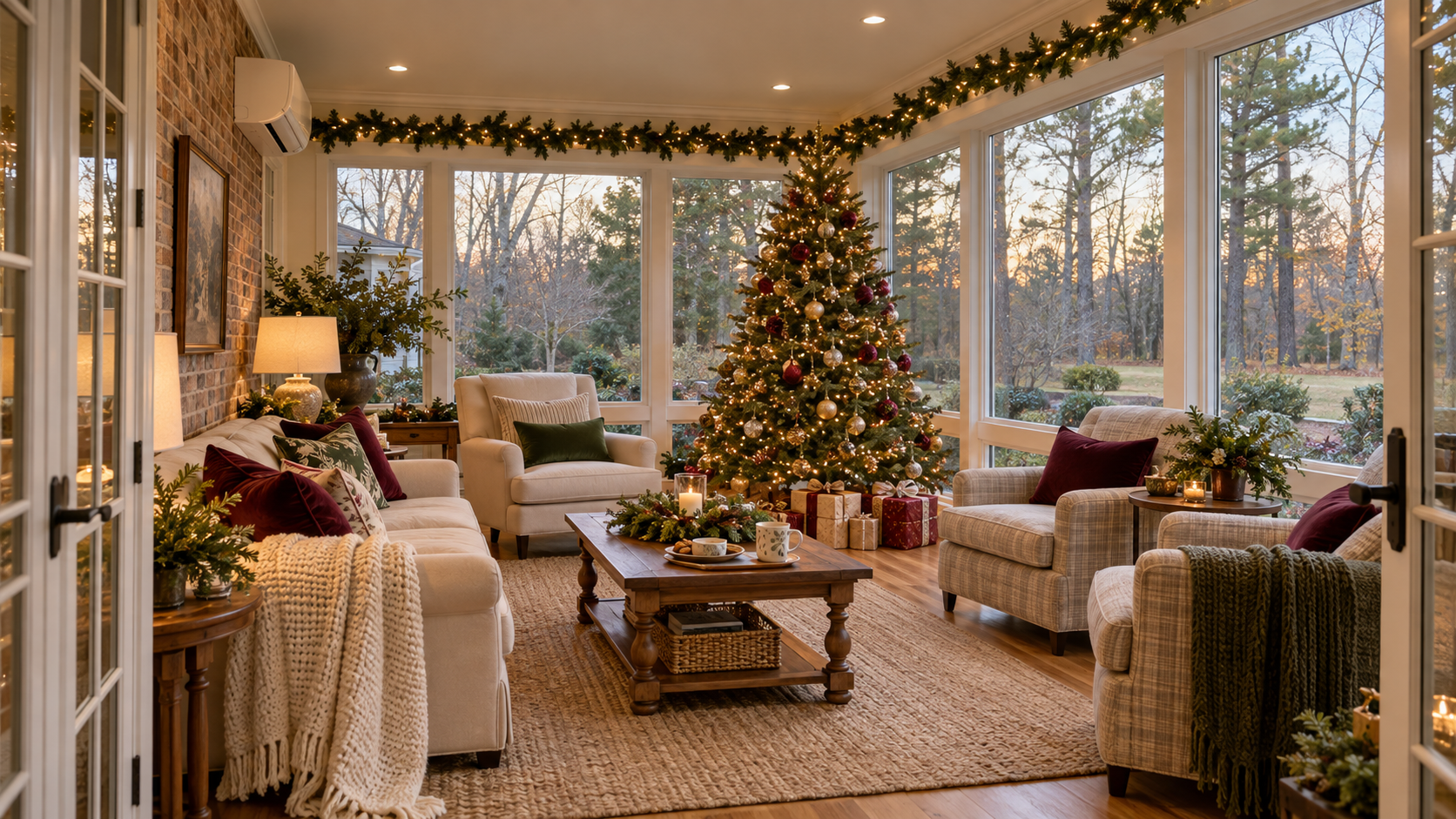 Four-season sunroom with holiday decorations, large windows, and comfortable seating